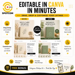 Peut inclure: Un graphique marketing numérique pour des modèles Canva présentant une comparaison avant et après de fiches produits Etsy. Le texte inclut EDITABLE IN CANVA IN MINUTES, SELF-CARE JOURNAL, MINDFUL MORNINGS et diverses icônes pour les fonctionnalités.