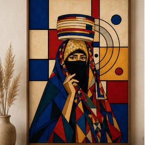 Yemeni Woman Geometric Wall Art Printable, Modern Arabian Portrait, Abstract Middle Eastern Decor, Digital Download, A1 A2 A3 Print