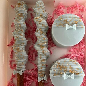 Caramel Pretzel Rods and Oreo Cookie Chocolate- Gender Reveal