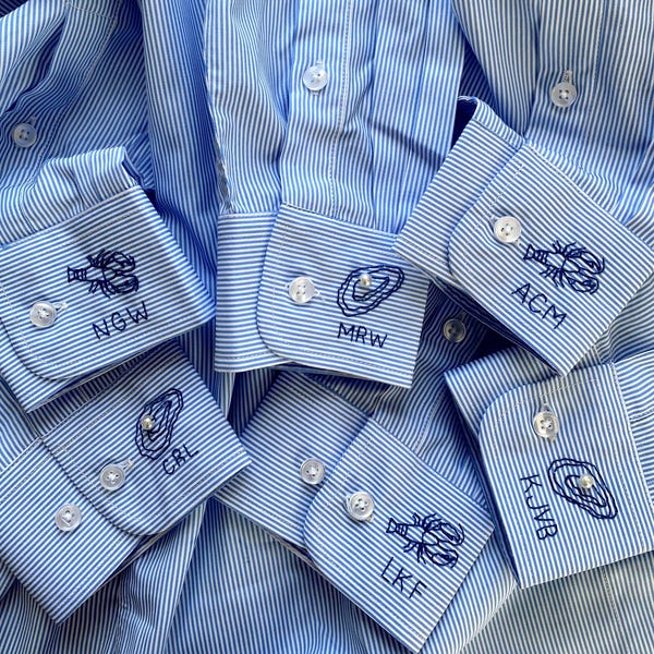 Puños de camisa bordados personalizados: Ostra con perla o langosta. Envíanos tu camisa. Solo bordado.