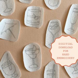 May include: A set of 10 digital embroidery patterns featuring various drinks and a beach umbrella. The patterns are designed for hand embroidery and are available as a digital download.  The designs are in black and white on a white background.
