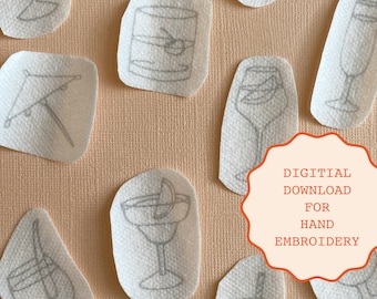 Illustrated Cocktail Stick + Stitch Digital Download | DIY Embroidery Pattern for Clothing or Napkins PDF of Designs for Hand Embroidering