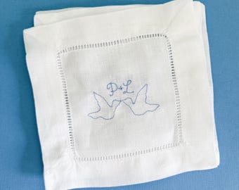 Personalized Dove Wedding Cocktail Napkins | Set of 100 Embroidered Linen Napkins | Bespoke Reception Decor