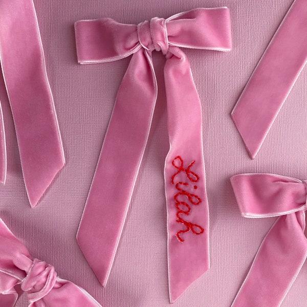 Custom Embroidered Velvet Ribbon | Custom Name Hand Stitched Ribbon, Personalized Hair Clip, Girls Monogrammed Initial Easter