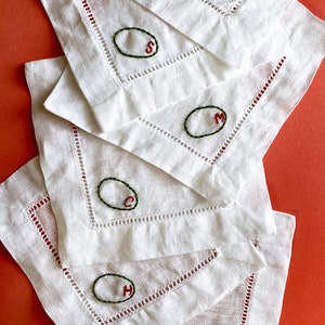 Olive Embroidered Cocktail Napkins with Initial Pimento | Set of 4 Personalized Cotton Linen Napkins