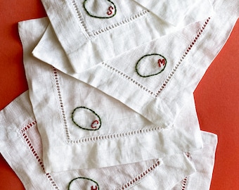 Olive Embroidered Cocktail Napkins with Initial Pimento | Set of 4 Personalized Cotton Linen Napkins