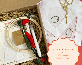 Stick and Stitch Olive Cocktail Napkin Embroidery Kit | DIY Embroidering Kit with Personalized Initial Pimento Patterns For Linen Napkins