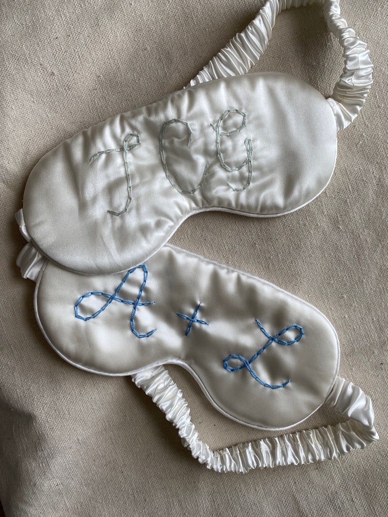 Embroidered Wedding Eye Mask Custom Stitched Sleep Mask, Personalized Initials, Something Blue, Engagement Gift, Chain Stitch image 2