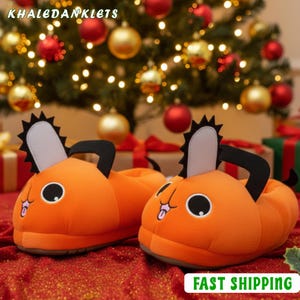 Cute Orange Flame Dog Fluffy Slippers, Cozy Anime Style House Shoes, Winter Indoor Slides, Soft Plush Footwear Gift