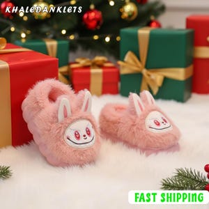 Pantuflas de conejito rosa, pantuflas de casa con carita de animal, cómodas pantuflas de invierno para interiores, calzado kawaii antideslizante y cálido, regalo navideño único