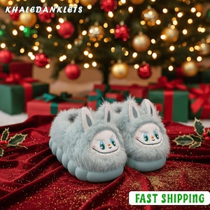 Fuzzy Bunny Fluffy Slippers, Cute Blue Animal House Shoes, Cozy Winter Indoor Slides, Warm Non-Slip Kawaii Footwear, Christmas Gift