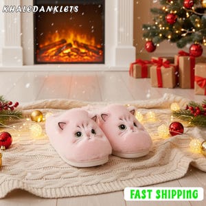 Cute Pink Cat Fluffy Slippers, Cartoon Kitten House Shoes, Cozy Winter Indoor Slides, Warm Non-Slip Couple Gift, Pet Lover Footwear