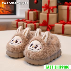 Fuzzy Bunny Fluffy Slippers, Brown Animal Face House Shoes, Cozy Winter Indoor Slides, Warm Non-Slip Kawaii Footwear, Unique Christmas Gift