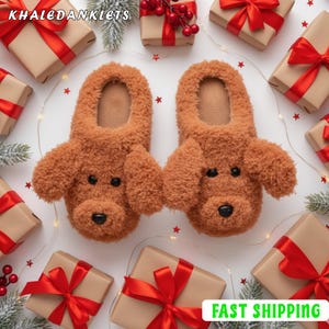 Fuzzy Teddy Dog Fluffy Slippers, Cute Animal House Shoes, Cozy Winter Indoor Slides, Warm Brown Plush Pet Lover Gift, Christmas Footwear