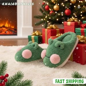 Pantofole soffici a forma di rana, graziose pantofole verdi a forma di animale, comode ciabatte invernali da interno, caldo regalo antiscivolo per la coppia, calzature natalizie kawaii