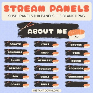 18 Twitch Sushi Panels || 3 Blank Panels || Transparent Background || Kawaii || Stream || Cute ||