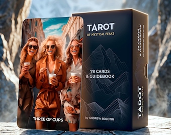 Può includere: Un set in scatola nera intitolato Tarot of Mystical Peaks di Andrew Bolotin contenente 78 carte e una guida. La parte anteriore della scatola e la carta mostrata presentano un grafico di tre persone sorridenti che tengono tazze in strada.
