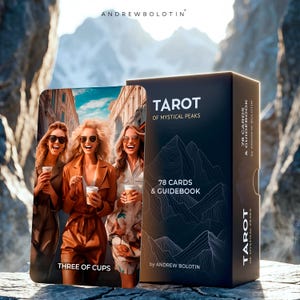 Op de afbeelding: Een tarotkaartspel en een doosset. De zwarte doos heeft de tekst "TAROT OF MYSTICAL PEAKS" en "78 CARDS & GUIDEBOOK". De kaart toont drie vrouwen met koffiebekers. De tekst "THREE OF CUPS" is zichtbaar.