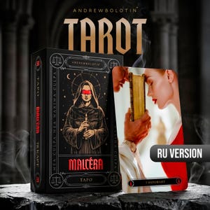 May include: A black tarot deck box titled MALCERA with a hooded figure illustration and a red blindfold. Beside it, a tarot card displays a person in a red garment holding a gold book toward another person. The text reads ANDREW BOLOTIN TAROT.