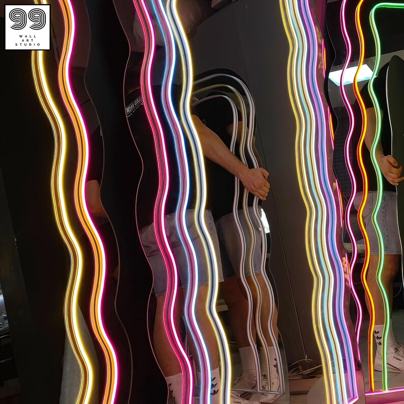 Wavy Neon Mirror Mirror Wall Art Neon Sign Bedroom Led Etsy