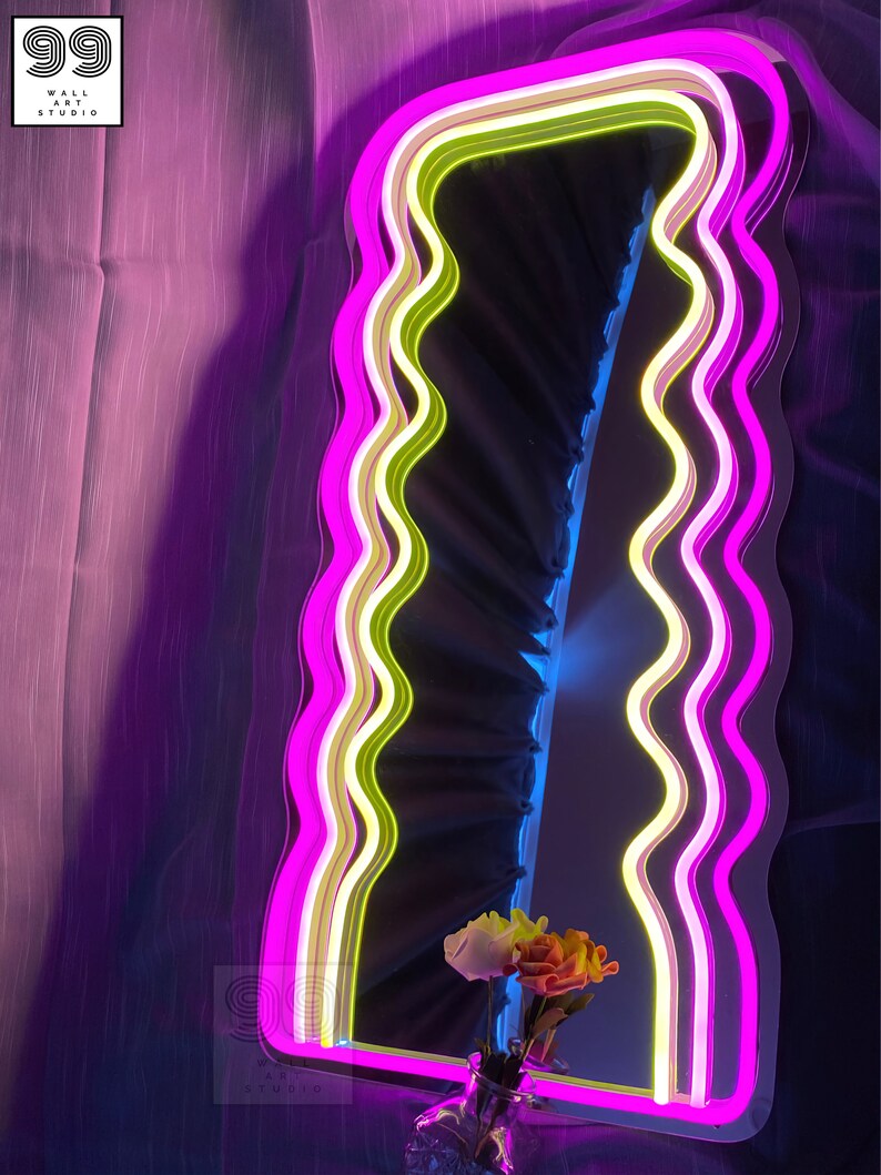 Wavy Neon Mirror Mirror Wall Art Neon Sign Bedroom Led Etsy