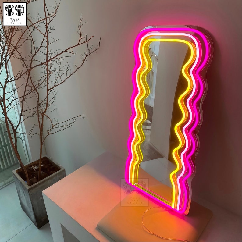 Wavy Neon Mirror Mirror Wall Art Neon Sign Bedroom Led Etsy