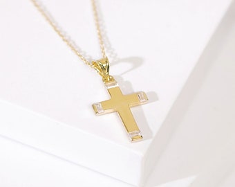 Natural Diamond Cross Necklace in 14k Solid Gold I Gold Small Cross Necklace | Christian Faith Pendant I Protection Necklace for Women