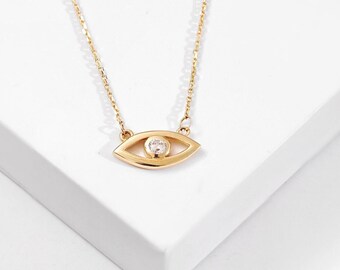 Natural Diamond Evil Eye Necklace I Nazar Hamsa Good Luck Pendant in 14k Solid Gold I Unique Gift for Her/Women