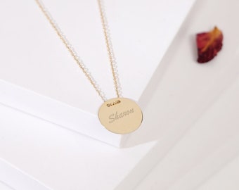 14K Solid Gold Engraved Disk Necklace I Personalized Dainty Gold Circle Coin Disk I Name Necklace for Women I Initial Disc Necklace