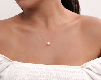 14K Solid Gold Solitaire Pearl Pendant Necklace, Dainty Pearl Jewelry Bride Wedding, Mother of the Bride Gift, Gift for Women