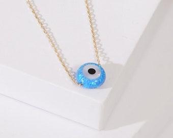 Blue Opal Evil Eye Gold Chain Necklace for Women I Opal Evil Eye Necklace in 14k Solid Gold I Minimalist I Nazar Pendant I Gift for Her