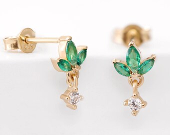 Natural Diamond Emerald  Marquise Studs | 14K Solid Lotus Flower Marquise Stud Earring I Dainty Christmas Gift for Women