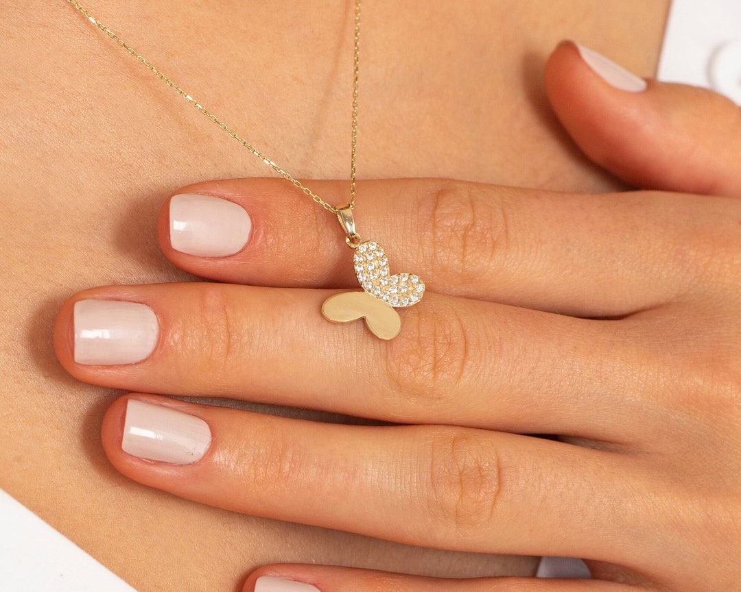14k Solid Gold Butterfly Necklace Dainty Butterfly Pendant Etsy