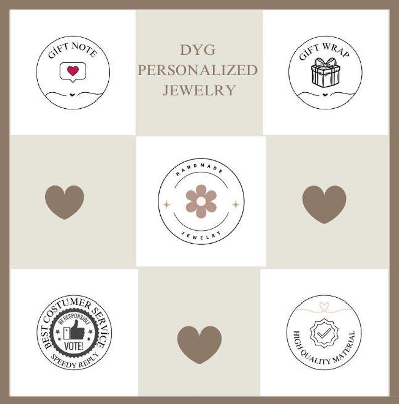 Op de afbeelding: Een grafisch ontwerp voor een juwelierszaak met de naam "DYG Gepersonaliseerde Sieraden". Het ontwerp bevat een hart, een bloem, een cadeaudoos, een vinkje en de woorden "Cadeau Notitie", "Cadeau Inpakken", "Handgemaakt Sieraden", "Beste Klantenservice" en "Hoge Kwaliteit Materiaal".