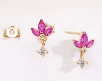 Natural Diamond Ruby Marquise Studs | 14K Solid Lotus Flower Marquise Stud Earring I Dainty Christmas Gift for Women