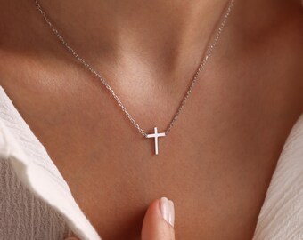 Silver Cross Necklace, Dainty Silver Crucifix Necklace, Christian Necklace, Religious Christian Charm, Dainty Baptism Cross, Gift for Her