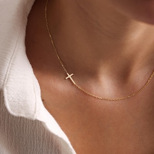 Sideways Cross Necklace, Dainty Gold Cross Necklace, Gift for Her, Cross Choker Necklace, Tiny Cross Gift for BFF, Christmas Gift, Mom Gift