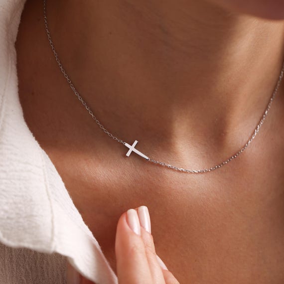 Sterling Silver Sideways Cross Necklace, Cross Necklace for Women, Side Cross Choker, Baptism Cross for Christian Women, Christmas Gift
