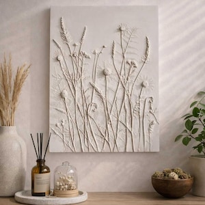 Handmade Botanical Plaster Wall Art – Wildflower Bas Relief Textured Decor (40x30 cm)