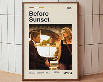 Before Sunset Vintage Movie Poster - Ethan Hawke Julie Delpy Cinema Minimalist Midcentury Wall Art Print - Home Decor