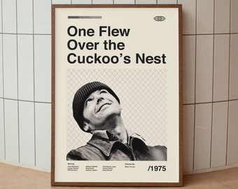 Puede incluir: Un póster en blanco y negro con el título "One Flew Over the Cuckoo's Nest" y el año "1975". El póster presenta una foto de Jack Nicholson mirando hacia la cámara. El póster tiene un fondo blanco con un patrón de valla de alambre negro.