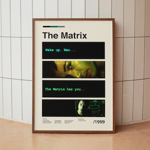 May include: A minimalist movie poster for "The Matrix" featuring a green and black colour scheme. The poster has three images of Keanu Reeves as Neo, with the text "Wake up, Neo..." and "The Matrix has you..." in a green font.