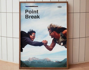 Póster de película vintage de tamaño completo Point Break: Patrick Swayze, Keanu Reeves, arte de pared minimalista de cine estadounidense de mediados de siglo: decoración del hogar