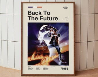 May include: A movie poster for the film "Back to the Future." The poster features a DeLorean time machine with flames coming out of the back, and a man in a vest and jeans standing next to it. The text "Back to the Future" is in large, bold letters at the top of the poster, and the year "1985" is in the bottom right corner.