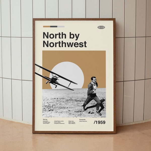 North by Northwest Wall Art Print - Cartel de la película Alfred Hitchcock - Cary Grant American Cinema- Arte de mediados de siglo