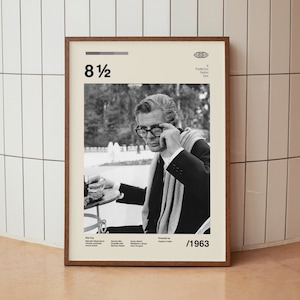Póster de la película 8 1/2 de Marcello Mastroianni y Federico Fellini. Impresión de arte mural minimalista vintage de mediados de siglo.