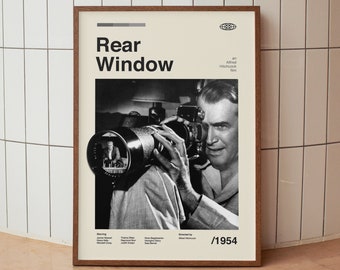 May include: A black and white poster with the title "Rear Window" in bold white text. The poster features a photo of a man looking through a camera lens. The text "an Alfred Hitchcock film" is below the title. The year "1954" is in the bottom right corner.