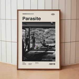 Póster vintage de la película Parásitos (2019) - Bong Joon-ho - Impresión minimalista de mediados de siglo