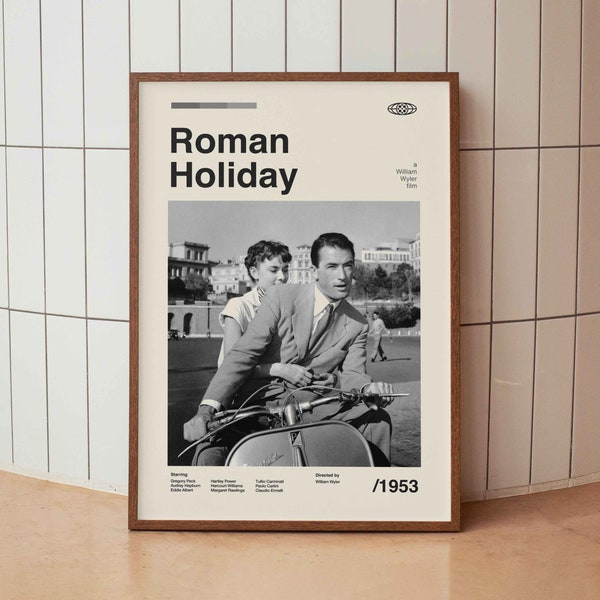Roman Holiday 1953 Vintage Movie Poster - Gregory Peck Audrey Hepburn- Minimalist Midcentury Wall Art Print