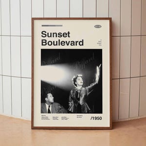 May include: A black and white poster for the film "Sunset Boulevard" starring William Holden and Gloria Swanson. The poster features a spotlight shining on Gloria Swanson, who is holding her hand up in the air. The text on the poster reads "Sunset Boulevard" and "A Billy Wilder Film". The poster also includes the year "1950".
